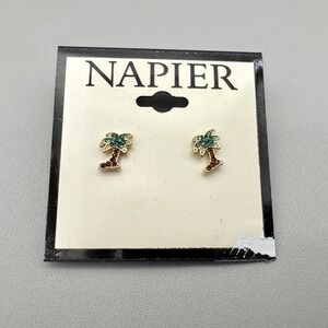 Napier Earrings Cute Dainty Palm Tree Beach Vacation Vibes Rhinestone Studs 1/4"